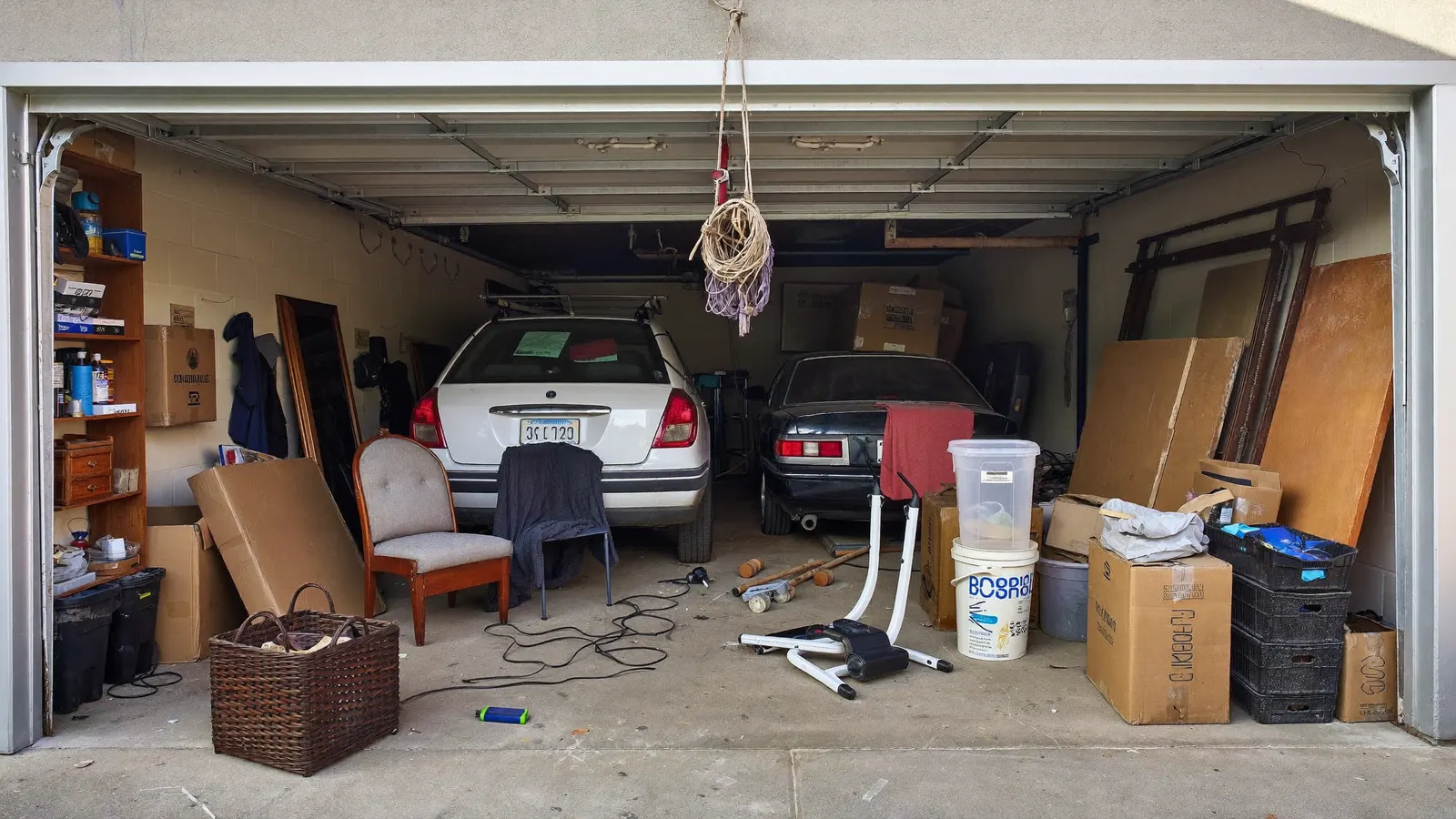 Garage full of junk before Breath Out cleanout